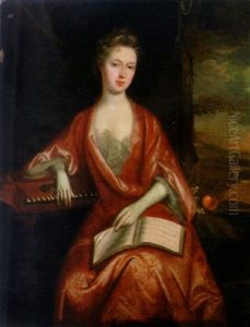 Portrait Of A Lady In A Red Dress, Rsting Her Arm On A Herpsichord, With A Book Of Sheet Music On Her Lap by Charles d' Agar