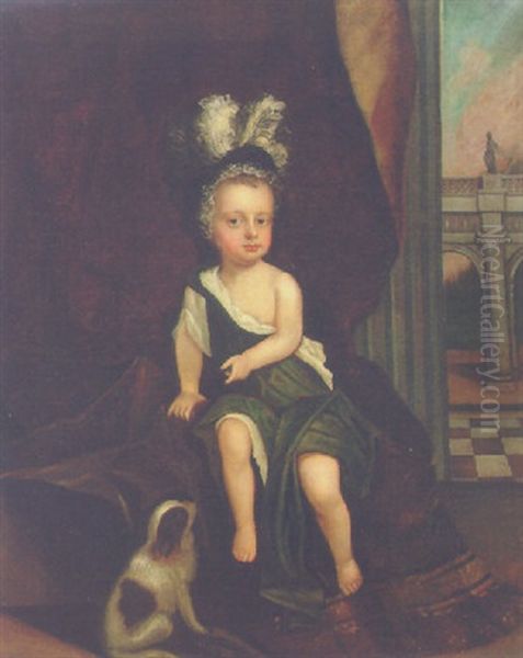 Portrait Of Thomas Macro In A Green Robe, Seated On A Brown Drape, Pointing To A Spaniel With Classical Arches Beyond - view 1