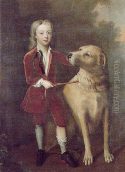 Portrait Of A Boy, Wearing A Red Velvet Suit, Standing Beside A Mastiff In A Wooded Landscape - view 1