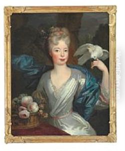 Portrait Of A Noblewoman In A White Dress And A Blue Taffeta Shawl by Jacques (Jacob) d' Agar