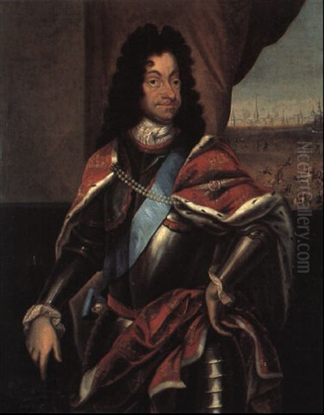 Portraet Af Christian V I Rustning I Baggrunden Ryttere Og By - view 1