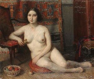 Female Nude Seated On A Cushion Beside A Bowl Of Fruit by Charles-Jean Agard