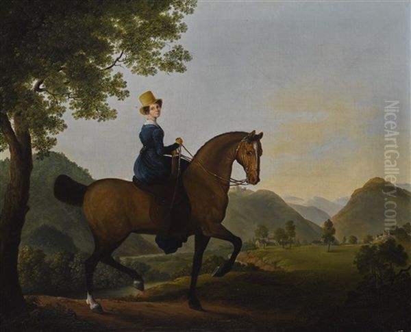 Portrait Of A Lady On A Horse, A Mountainous Landscape Beyond - view 1