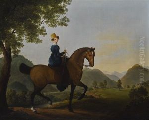 Portrait Of A Lady On A Horse, A Mountainous Landscape Beyond by Jacques-Laurent Agasse
