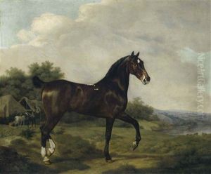 A Dark Bay Hunter In An Extensive Landscape, Horses And Cattle Beyond by Jacques-Laurent Agasse