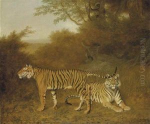 Two Bengal Tigers In An Savannah Landscape, With A Man In A Tree by Jacques-Laurent Agasse