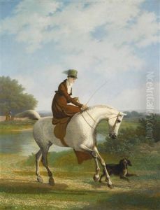 An Equestrienne On A Grey Hunter Accompanied By Her Spaniel In A River Landscape (possibly A Member Of The Powles Family) An Equestrienne On A Grey Hunter Accompanied By Her Spaniel In A River Landscape (possibly A Member Of The Powles Family)
