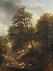 Jager Zu Pferd Und Hundemeute In Bewaldeter Landschaft Jager Zu Pferd Und Hundemeute In Bewaldeter Landschaft