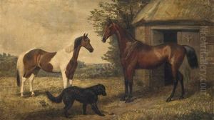 Two Bay Hunters And A Dog Outside A Stable Two Bay Hunters And A Dog Outside A Stable