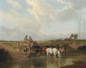 A Landscape With A Cart At A Ford, With Horses Watering, A Coach Beyond