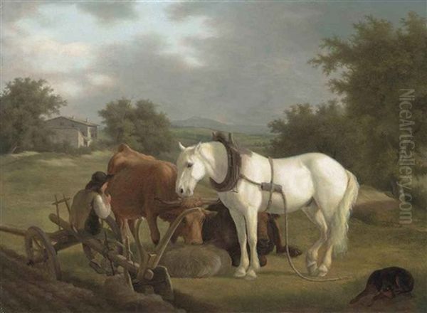 A Rural Landscape With A Plowman Resting With His Gray Horse, Cattle And Dog - view 1