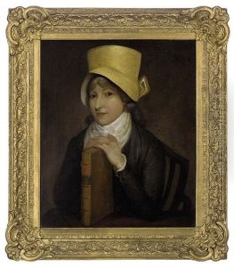 Portrait Of A Lady, Seated In A Grey Dress And Yellow Hat, Her Hands Resting On A Book