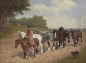 A Groom With A String Of Carthorses And A Dog, On A Country Road