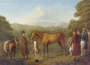 A Bay Racehorse Held By A Trainer In An Extensive Landscape, With Jockey And Other Figures Nearby by Jacques-Laurent Agasse