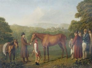 A Bay Racehorse Held By Her Trainer In An Extensive Landscape, With Jockey And Other Figures Nearby by Jacques-Laurent Agasse