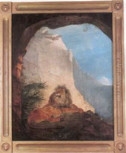 A Lion Resting In A Rocky Landscape by Jacques-Laurent Agasse