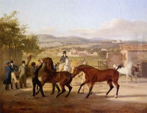 A Stallion Being Led To A Mare In Stable Yard, A Landscape With Villas Beyond
