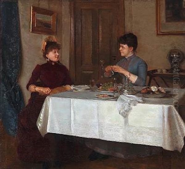Two Friends Are Having A Cosy Chat While Enjoying A Glass Of Sherry, Fruit, Cakes - view 1