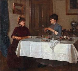 Two Friends Are Having A Cosy Chat While Enjoying A Glass Of Sherry, Fruit, Cakes by Cathinca Agerskov