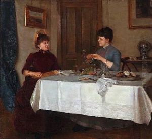 Two Friends Are Having A Cosy Chat While Enjoying A Glass Of Sherry, Fruit And Cakes by Cathinca Agerskov