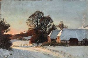 Sunset On A Winter Day In The Countryside by Hans Mortensen Agersnap