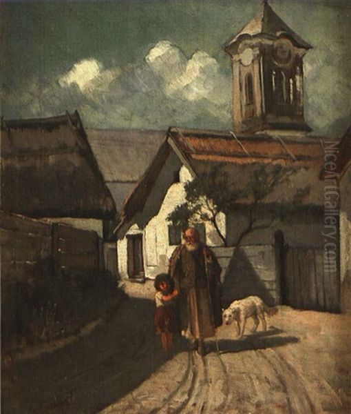 Alter Schafer Mit Knabe Und Hund Auf Dorfweg - view 1