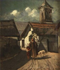Alter Schafer Mit Knabe Und Hund Auf Dorfweg