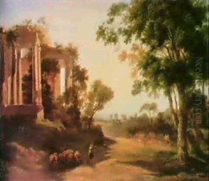 Italianate Landscape With Rustics And Their Animals By Classical Ruins by Agostino Aglio