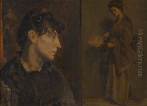 Jeune Femme A L'eventail Et Esquisse (2 Works) by Edouard Agneessens