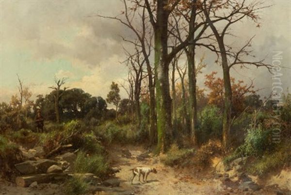 Chien A L'arret Et Chasseur Dans Les Bois - view 1