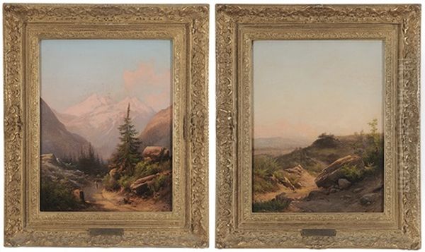 View Of An Italian City From A High Vista; Figure On An Alpine Path (pair) - view 1