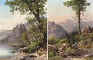 Fishermen Before A Lakeside Citadel (+ An Italian Girl Before A Mountain Forest; Pair) by Guido Agostini