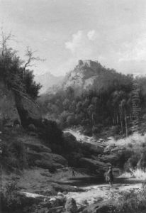 Gebirgslandschaft Mit Hochgelegener Burg Und Einer Wascherin Gebirgslandschaft Mit Hochgelegener Burg Und Einer Wascherin