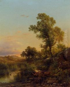 Maremma Presso S. Vincenzo, Tuscany: A Wooded Landscape With A Huntsman Stalking Ducks by Guido Agostini