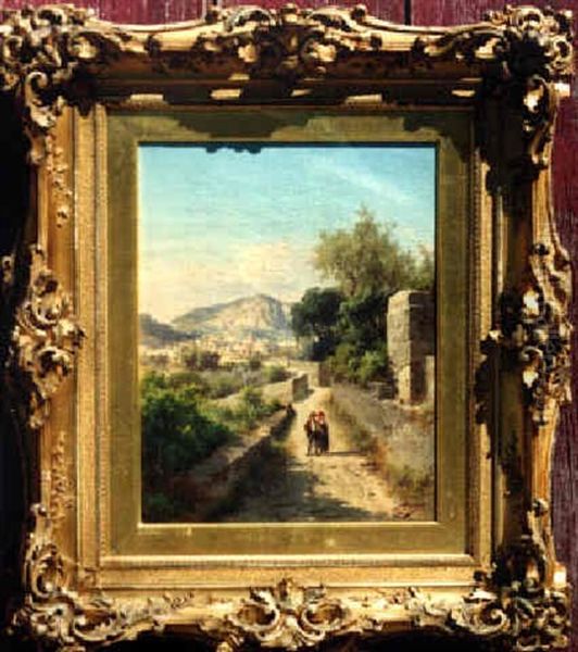 Figures On A Road Near An Italian Town - view 1