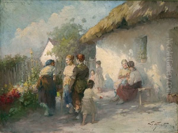 People Gathered Outside A Thatched Cottage - view 1