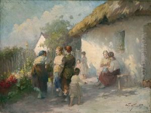 People Gathered Outside A Thatched Cottage by Acs Agoston