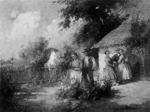 Peasants Gathering In Cottage Garden by Acs Agoston