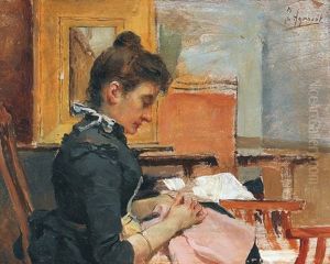 Interieur Mit Stickender Frau by Joaquin Agrasot y Juan