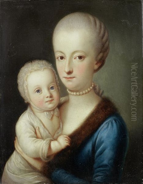 Portrait Of A Gentleman, Half-length, Wearing The Order Of The Golden Fleece; And Portrait Of A Lady, Half-length, In A Blue Dress And Fur Mantle, Holding Her Child (pair) - view 1