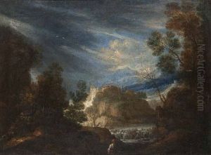 Sturmische Landschaft Mit Kleinem Wasserfall Sturmische Landschaft Mit Kleinem Wasserfall