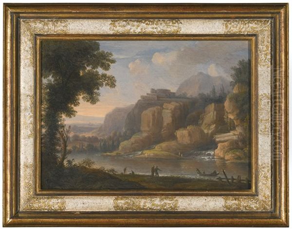 A Rocky River Landscape With Figures And A Fishing Boat By A Waterfall And A Wooded River Landscape With Travellers On A Path Crossing A Bridge (pair) - view 1