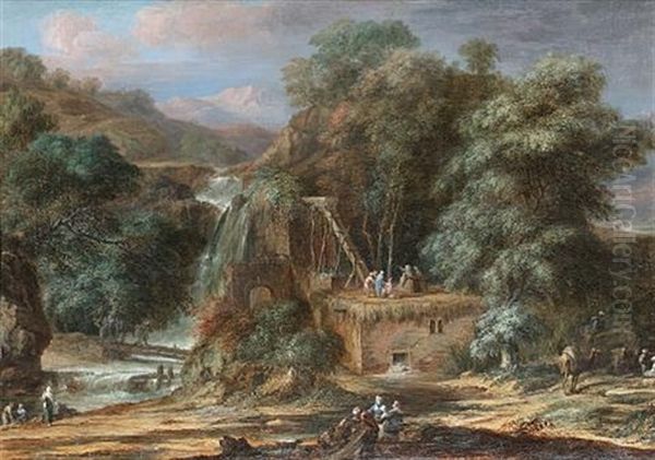 A River Landscape With Figures Constructing An Aqueduct Beside Waterfalls, Oriental Figures And Camels Nearby - view 1