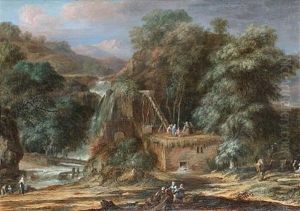 A River Landscape With Figures Constructing An Aqueduct Beside Waterfalls, Oriental Figures And Camels Nearby