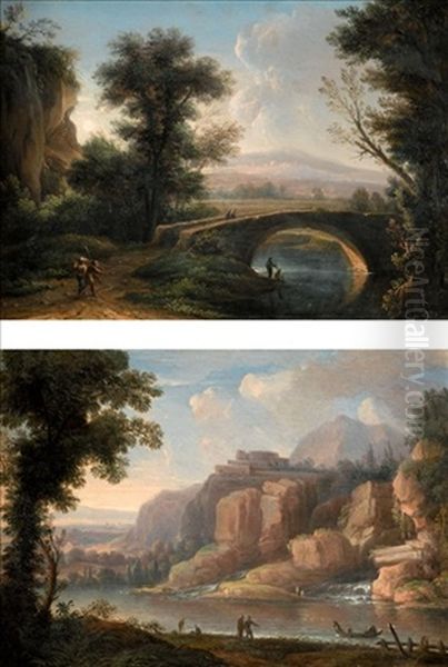 A Mountainous River Landscape With Figures By The Shore (+ A Southern Landscape With A Bridge Crossing A Small River; Pair) - view 1