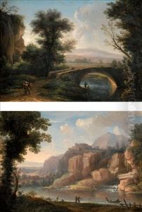 A Mountainous River Landscape With Figures By The Shore (+ A Southern Landscape With A Bridge Crossing A Small River; Pair) by Christoph Ludwig Agricola