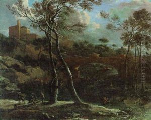 Bewaldete Fluslandschaft Mit Einem Schlos Und Figuren by Christoph Ludwig Agricola