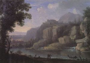 A Rocky River Landscape With Figures And A Fishing Boat By A Waterfall
