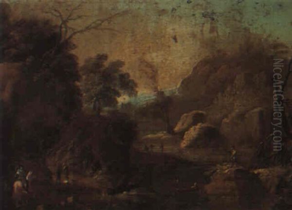 Wooded River Landscape With Numerous Figures - view 1