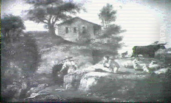 A Wooded Landscape With A Peasant Woman Fetching Water With A Shepherd Playing Pipes On A Bank - view 1